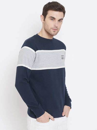 Navy Blue Colorblocked Round Neck Sweatshirt - Men Sweatshirts