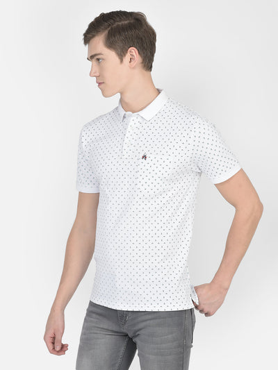  White Geometric Print Polo T-Shirt 