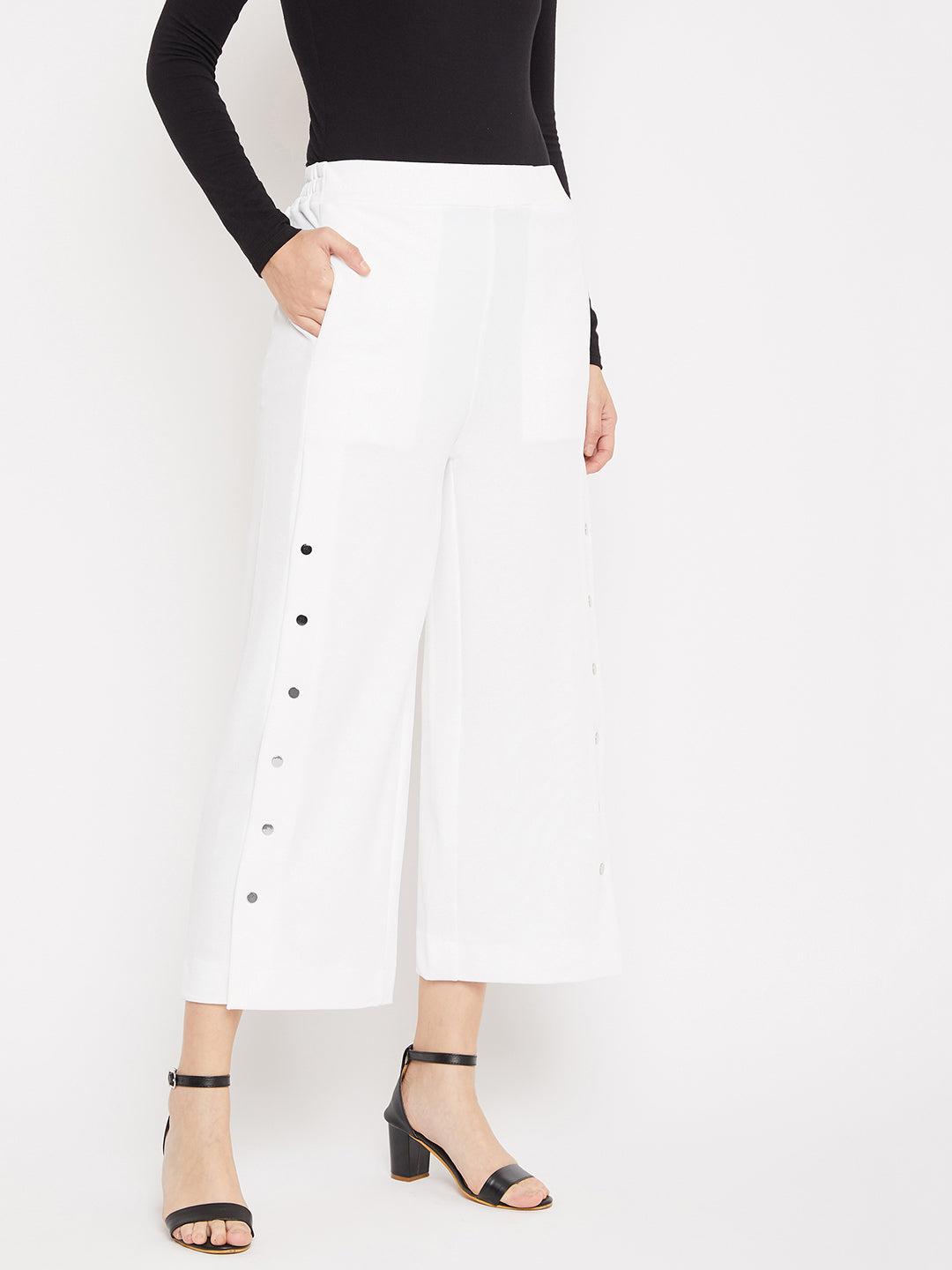 White Cotton Flared Trousers - Women Trousers