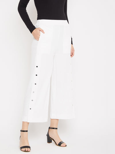 White Cotton Flared Trousers - Women Trousers