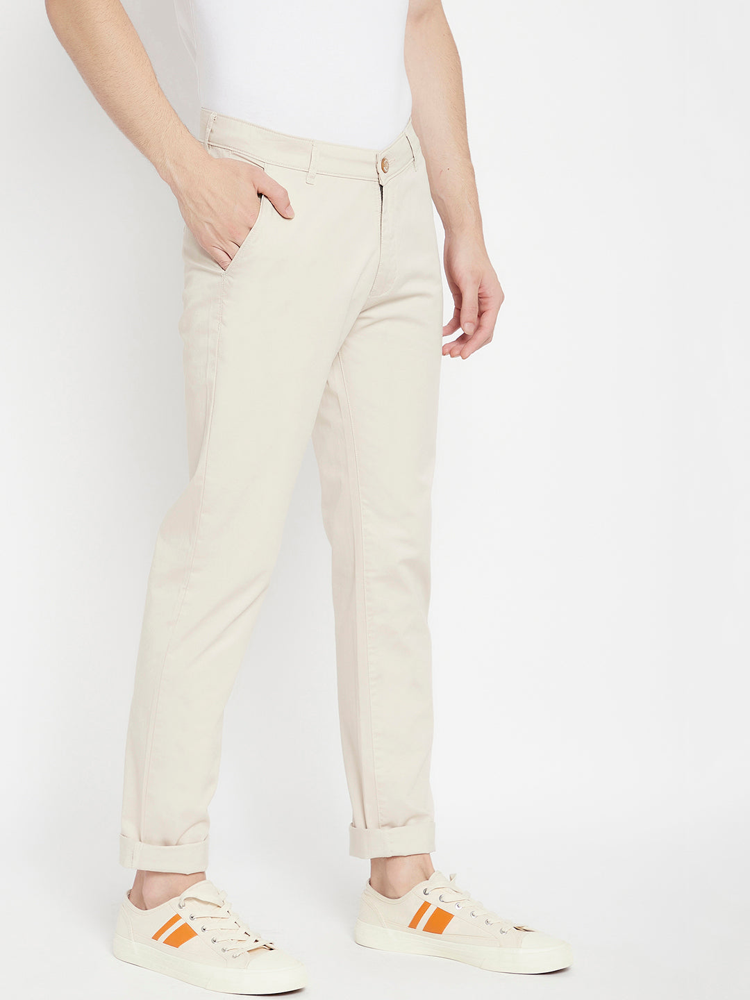 Cream Slim Fit Trousers - Men Trousers