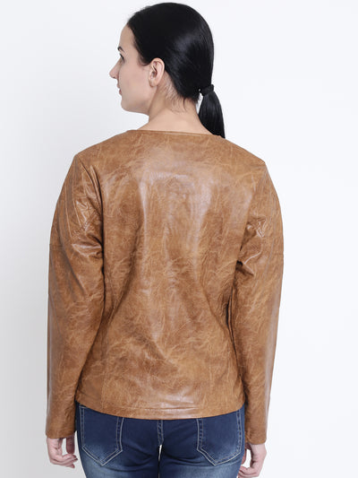 Brown Solid Collarless Jackets-Women Jackets-Crimsoune Club