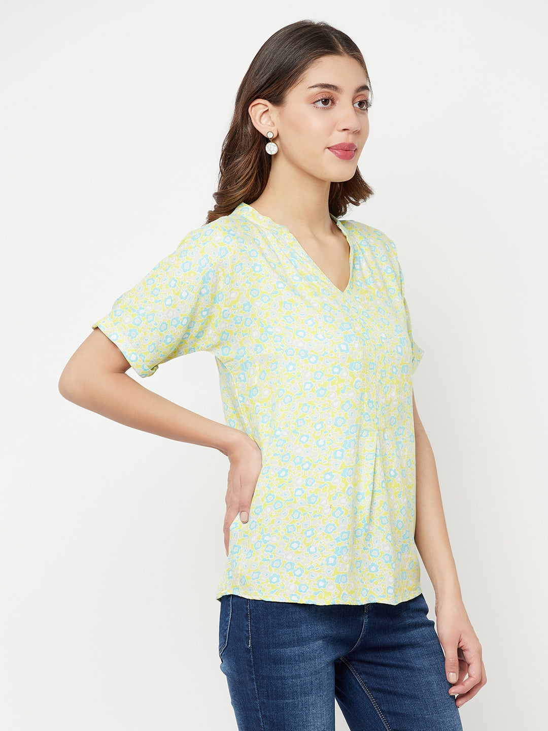 Green Floral Printed V-Neck Top - Women Tops