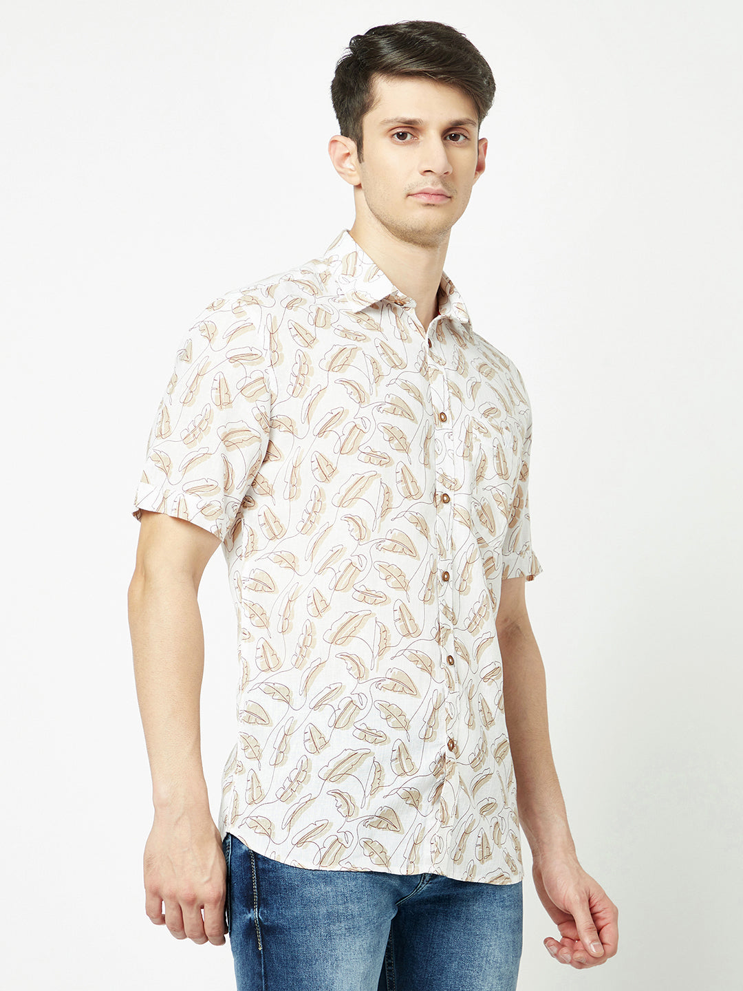  Beige One-Line Floral Print Shirt 