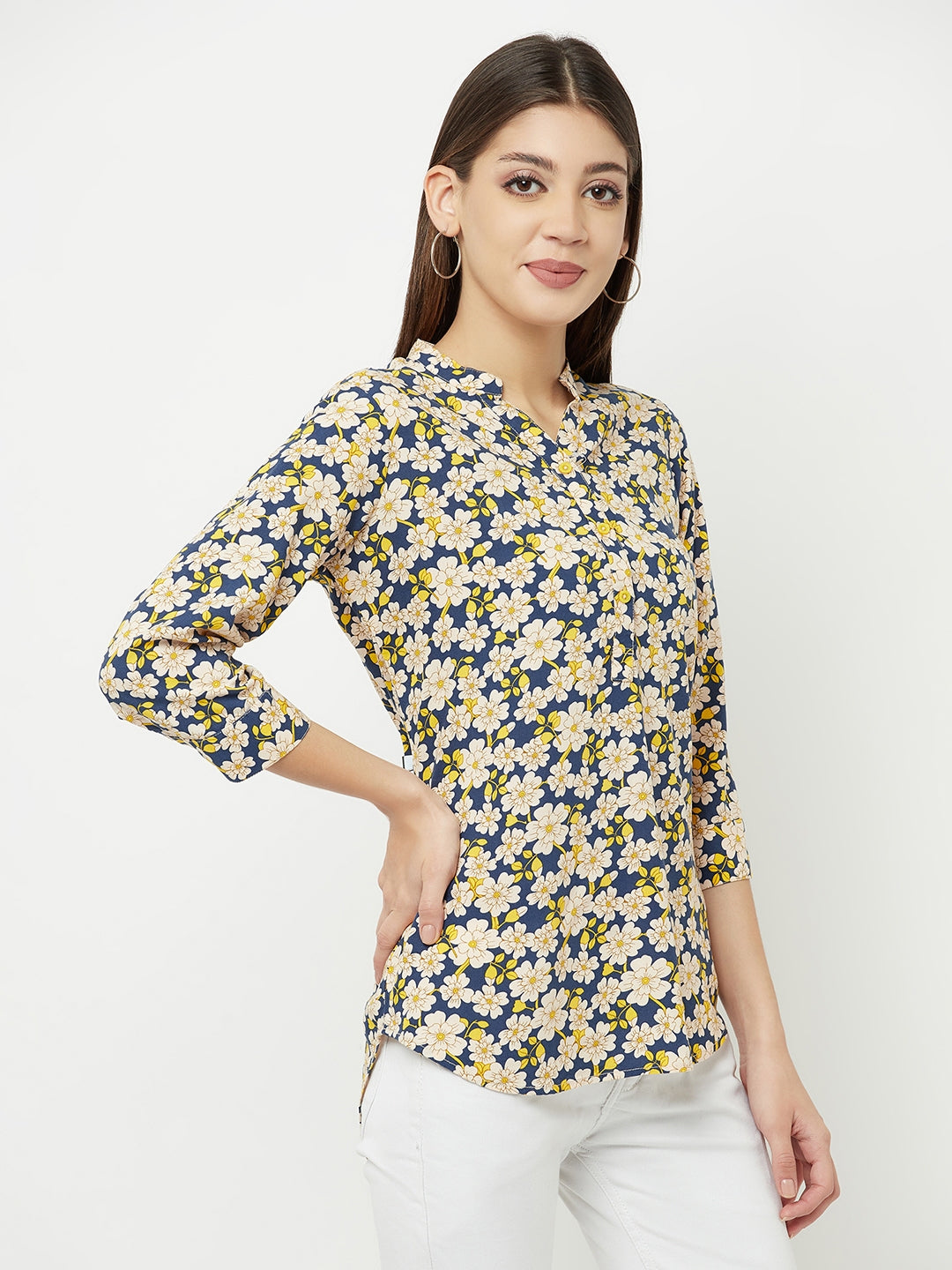 Multi-Color Floral Printed Mandarin Collar Top - Women Tops