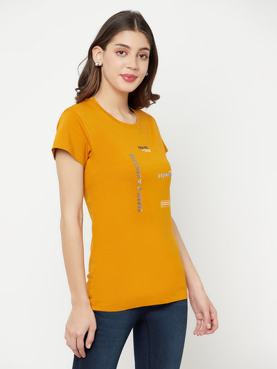 Mustard Printed Round Neck T-Shirt - Women T-Shirts