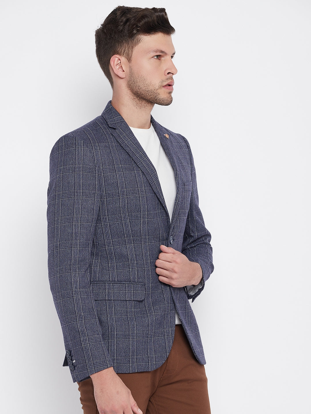 Blue Checked Notched Lapel Blazer - Men Blazers