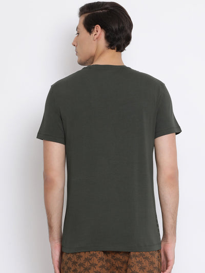 Olive Printed Round Neck T-Shirt - Men T-Shirts