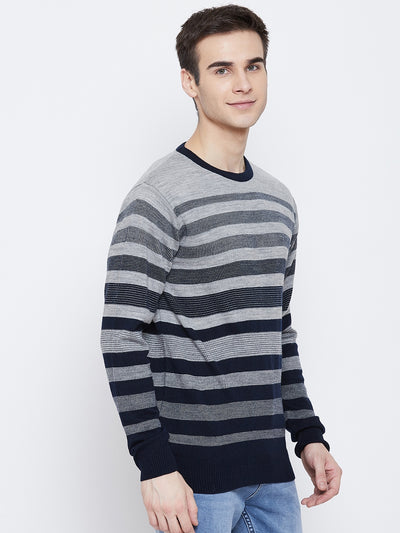 Navy Blue Striped Round Neck Sweater - Men Sweaters