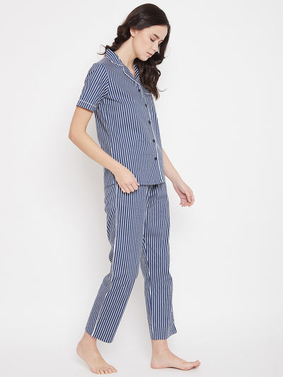 Blue Striped Slim Fit Night Suits - Women Night Suits