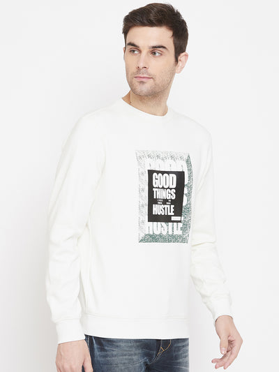 White Printed Round Neck Sweatshirt - Men Sweatshirts