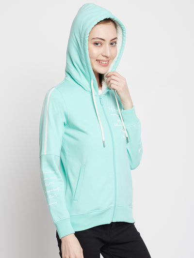 Mint Green Printed Hooded Sweatshirt - Women Sweatshirts