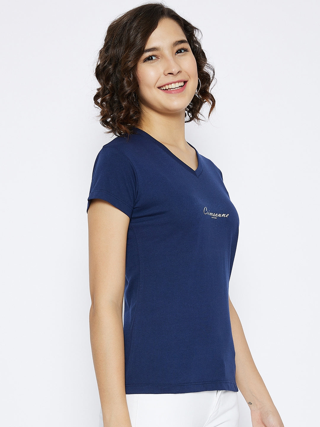 Navy Blue Printed V-Neck T-shirt - Women T-Shirts