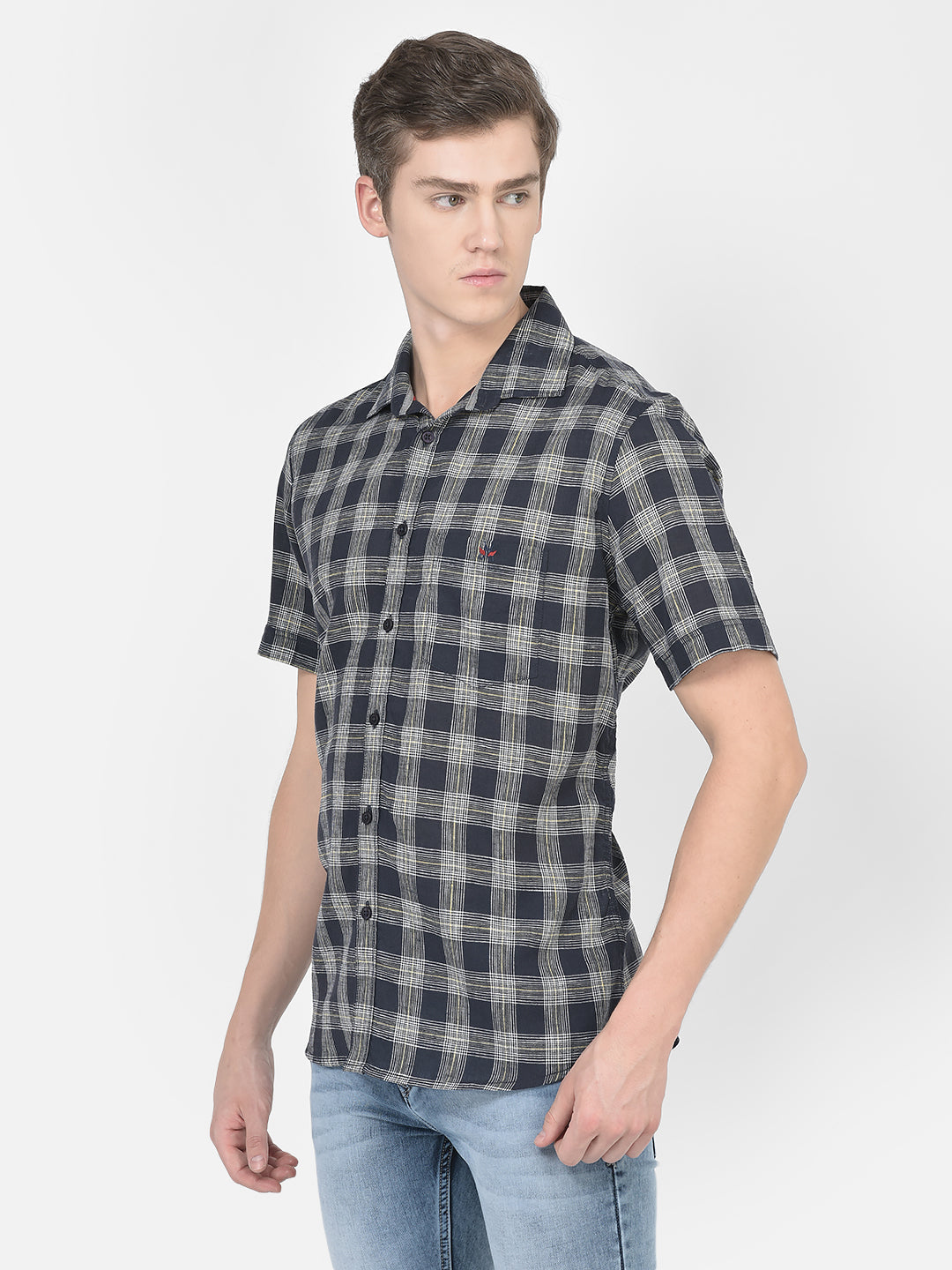  Navy Blue Short-Sleeved Checked Shirt 