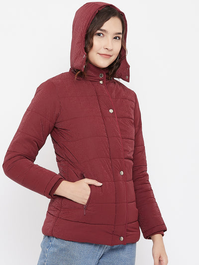 Maroon Detachable Hood Jacket - Women Jackets