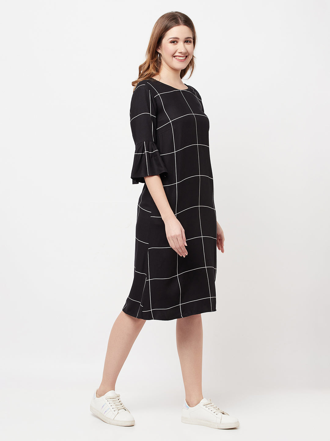 Black Checked Knee Length Dress - Women Dresses Black Checked Knee Length Dress - Women Dresses