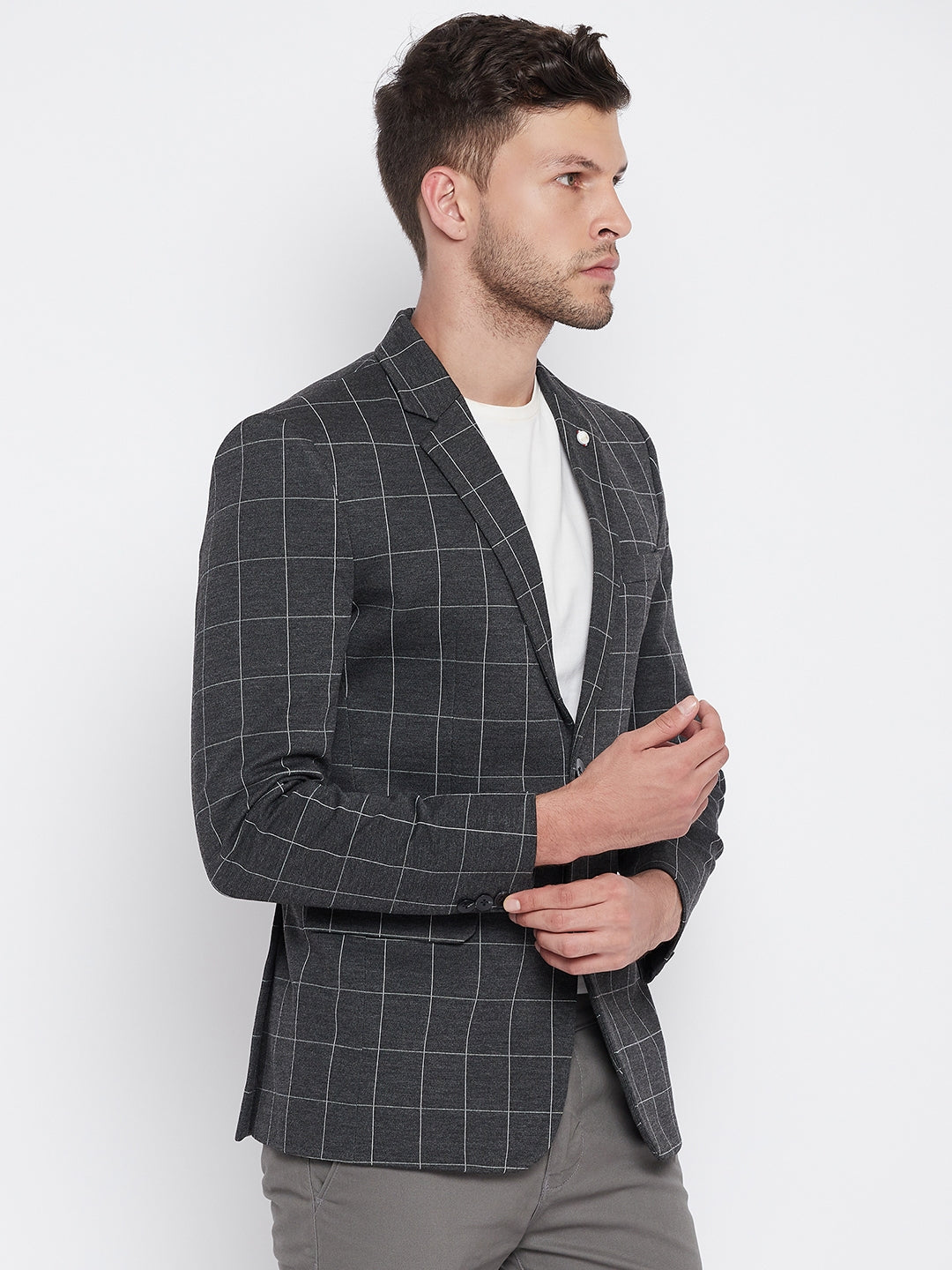 Grey Checked Notched Lapel Blazer-Mens Blazers-Crimsoune Club