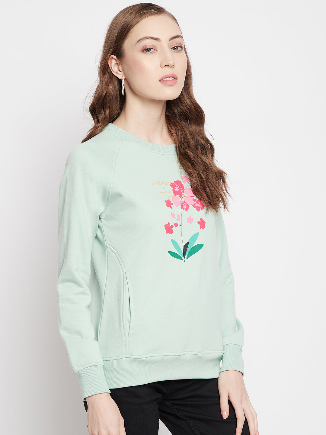 Mint Green Floral Round Neck Sweatshirt - Women Sweatshirts
