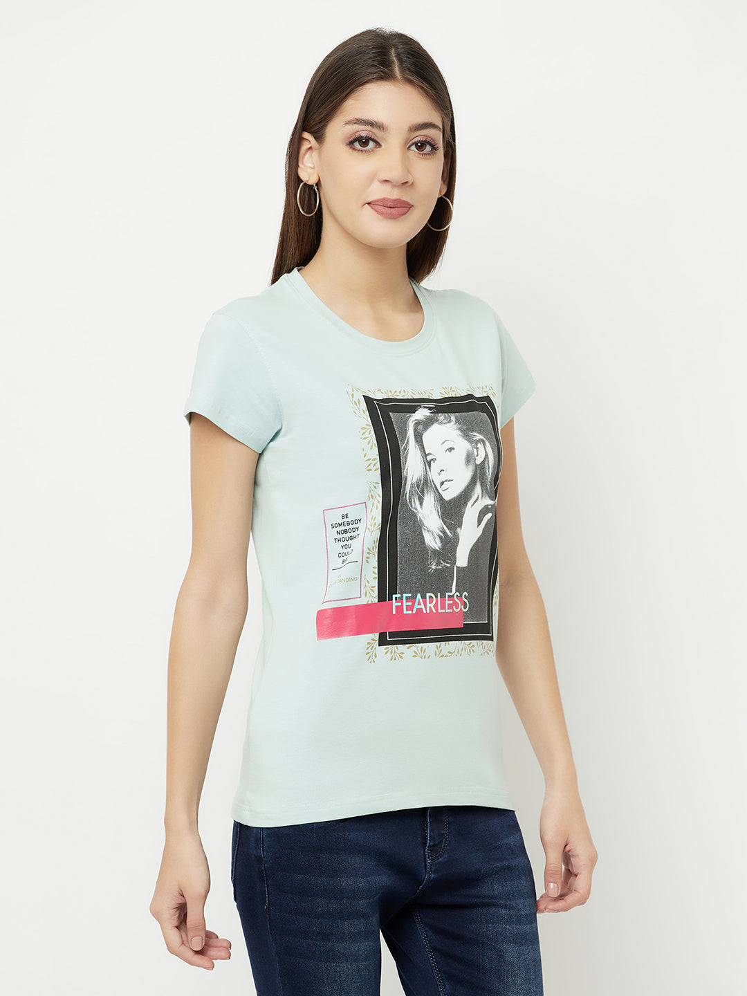 Mint Green Graphic Printed Round Neck T-Shirt - Women T-Shirts