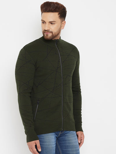 Olive Printed Zipper Sweater - Men Sweaters