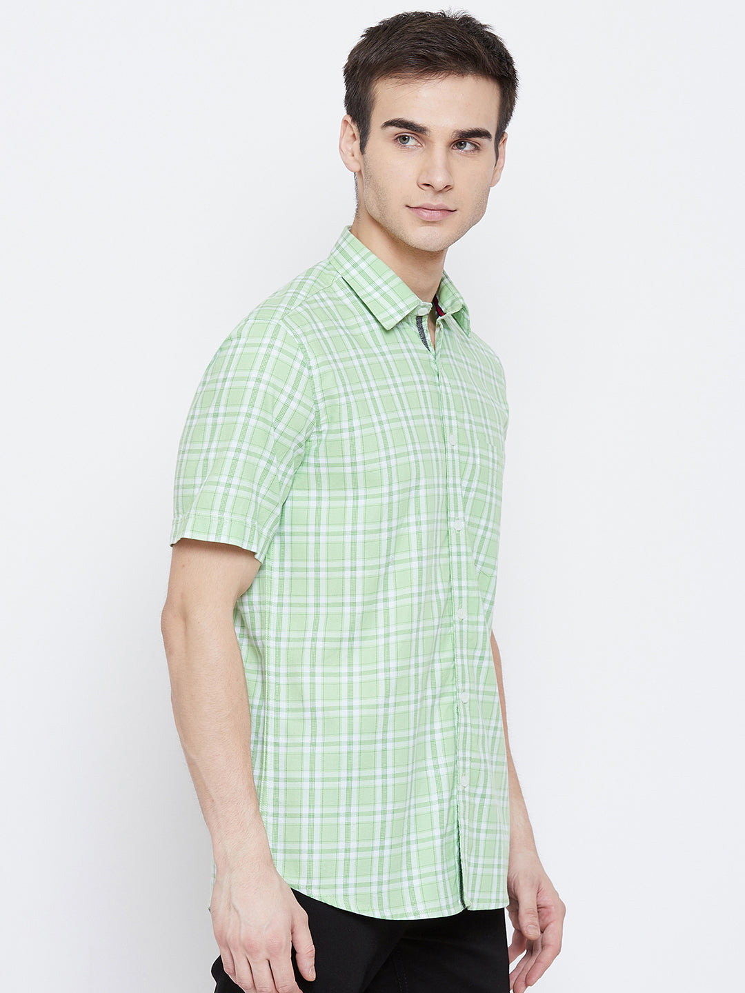 Mint Green Checked Spread Collar Slim Fit Shirt - Men Shirts
