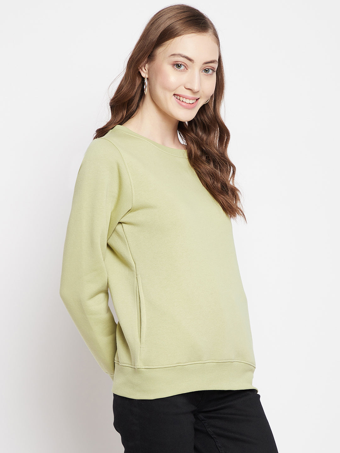 Crimsoune Club Women Olive Solid Round Neck Sweatshirt-Women Sweat Shirts-Crimsoune Club