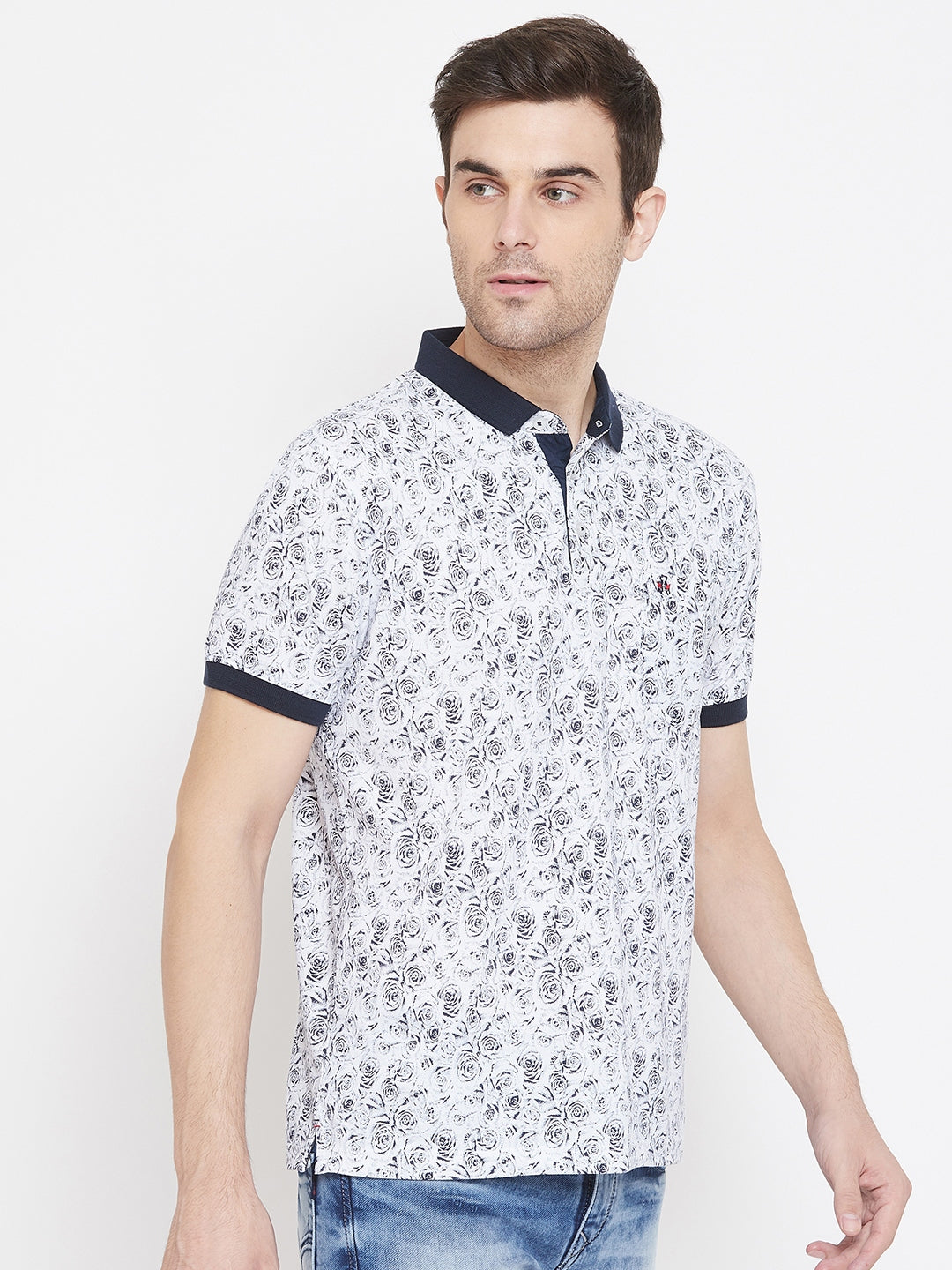 White Printed Polo Neck T-Shirt - Men T-Shirts