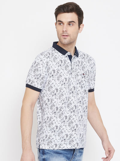 White Printed Polo Neck T-Shirt - Men T-Shirts