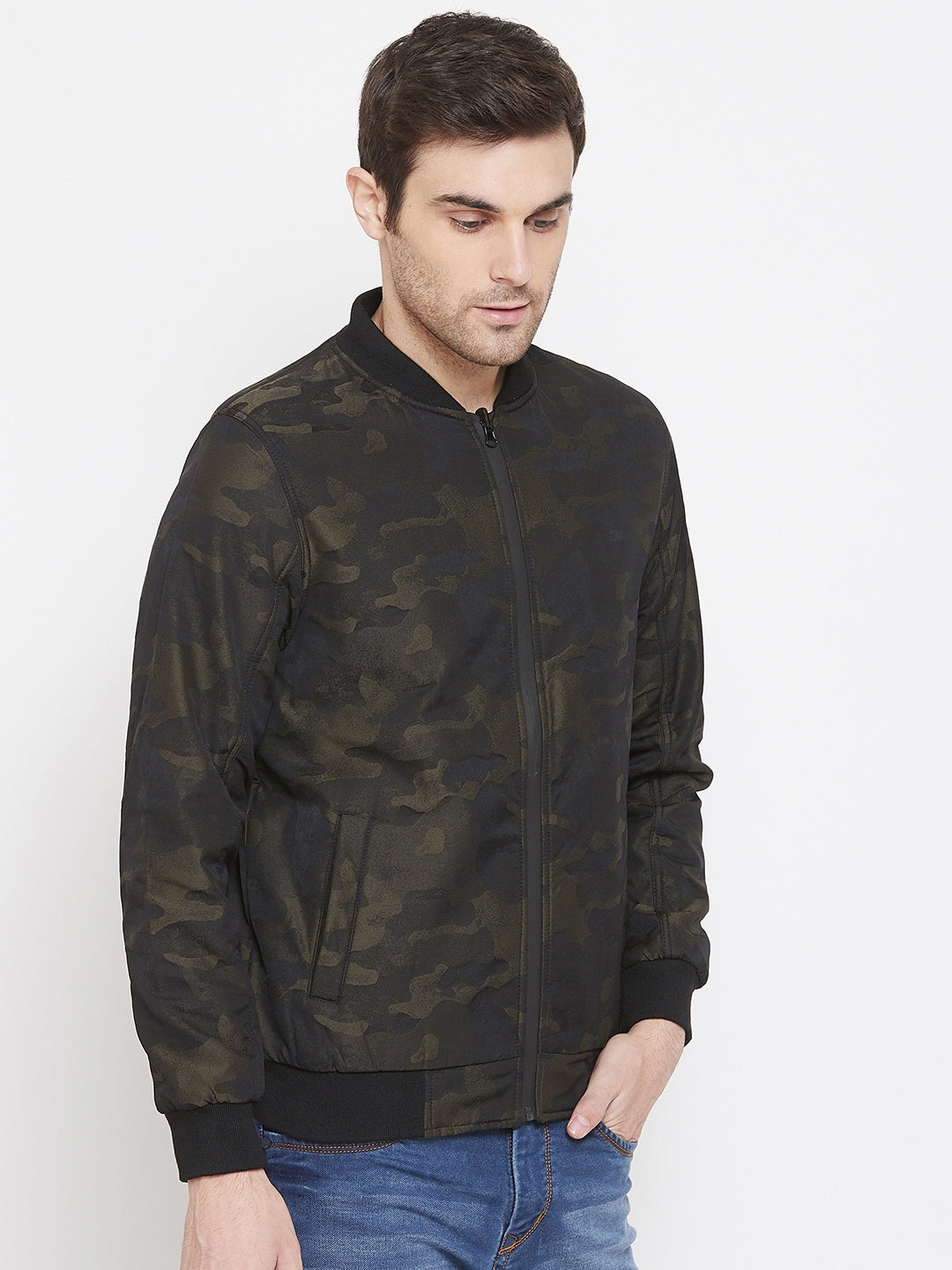 Olive Printed Mandarin Collar Jackets-Mens Jacket-Crimsoune Club