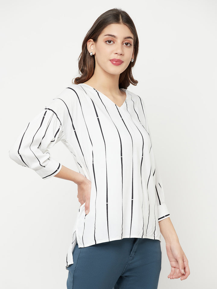 White Striped V-Neck Top - Women Tops