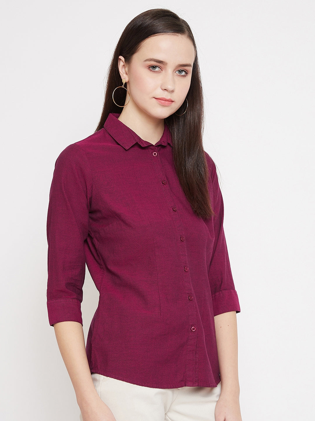 Maroon Slim Fit Button up Shirt - Women Shirts