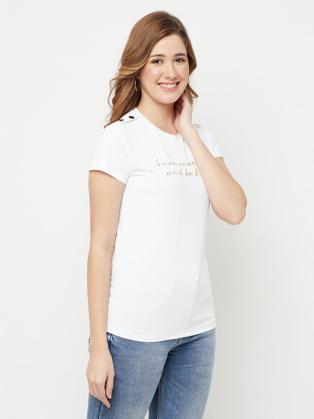 White Printed Round Neck T-Shirt - Women T-Shirts