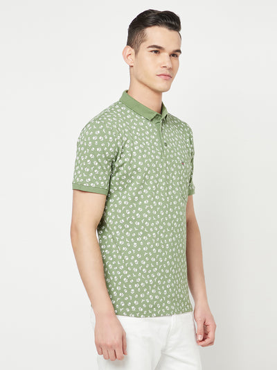 Green Floral Printed Polo T-Shirt - Men T-Shirts