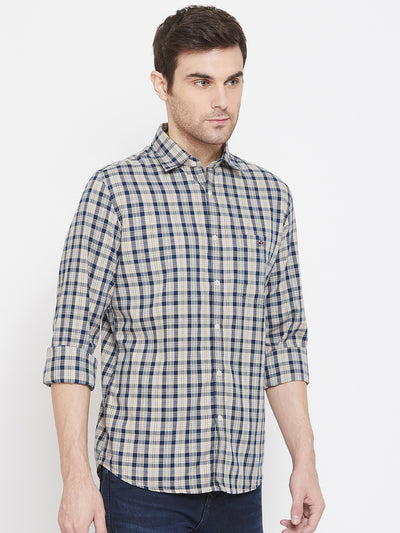 Beige Checked Spread Collar Slim Fit Shirt - Men Shirts