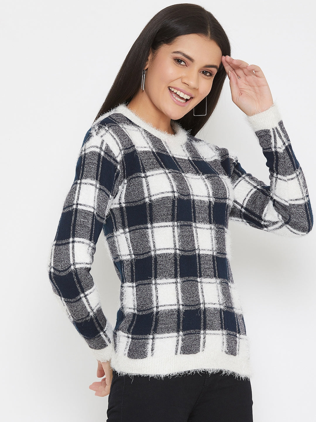 Multicolor Checked Round Neck Sweater - Women Sweaters