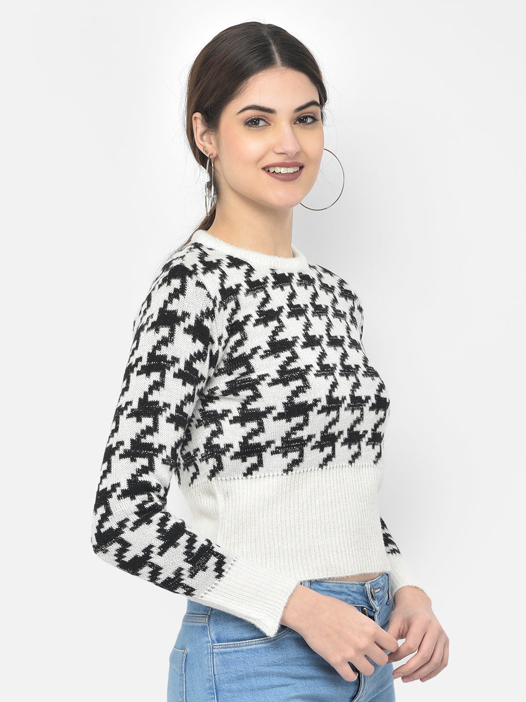White Printed Cropped Sweater - Women Sweaters