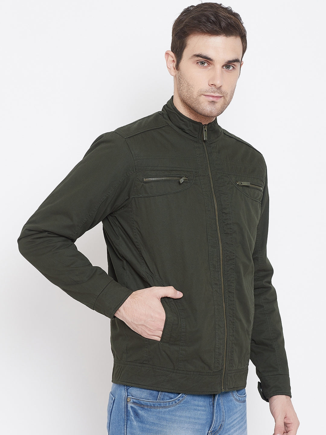 Olive Solid Mandarin Collar Jackets-Mens Jacket-Crimsoune Club