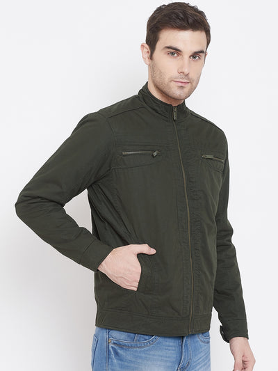 Olive Solid Mandarin Collar Jackets-Mens Jacket-Crimsoune Club