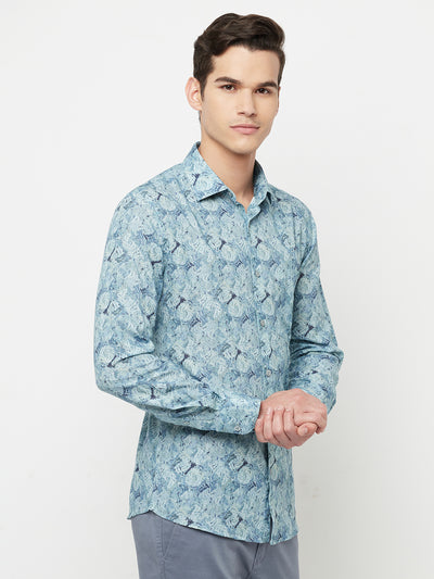 Blue Printed Linen Shirt - Men Shirts