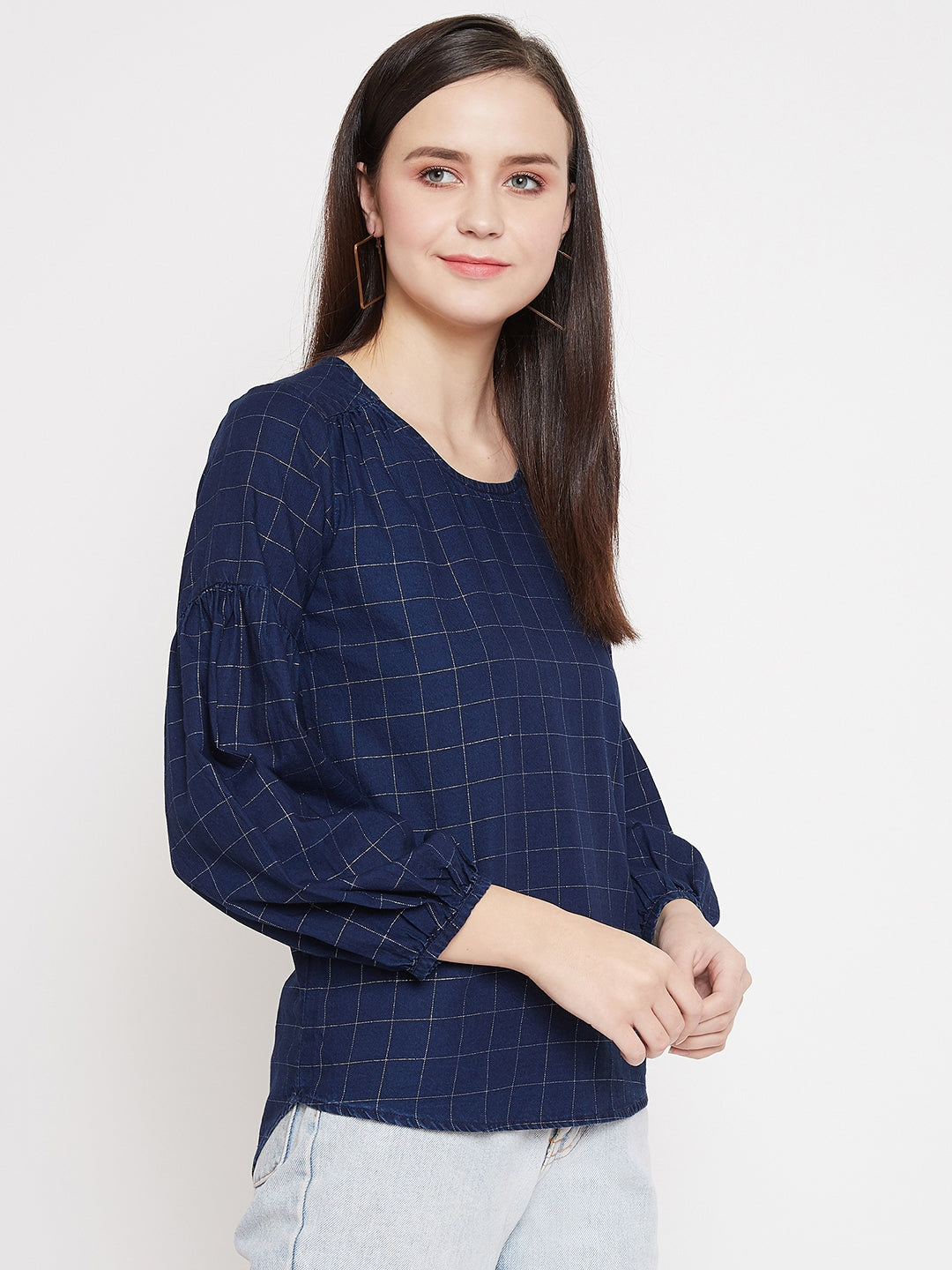 Navy Blue Checked Round Neck Tops - Women Tops