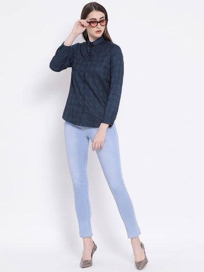 Blue Printed Mandarin Collar Slim Fit Shirt - Women Shirts