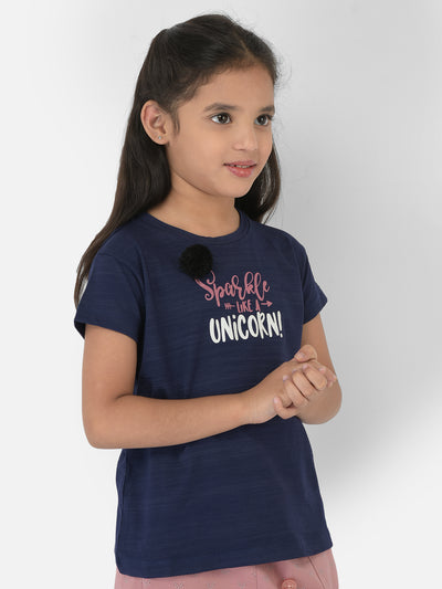 Navy Blue Printed Round Neck T-Shirt - Girls T-Shirts