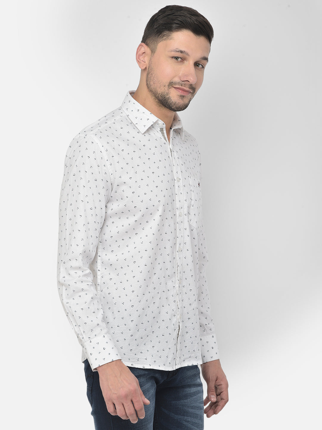 White Printed Spread Collar Shirt - Men Shirts