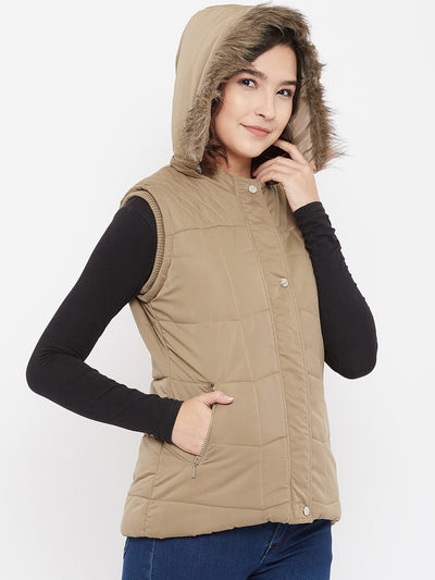 Beige Detachable Hood Jacket - Women Jackets