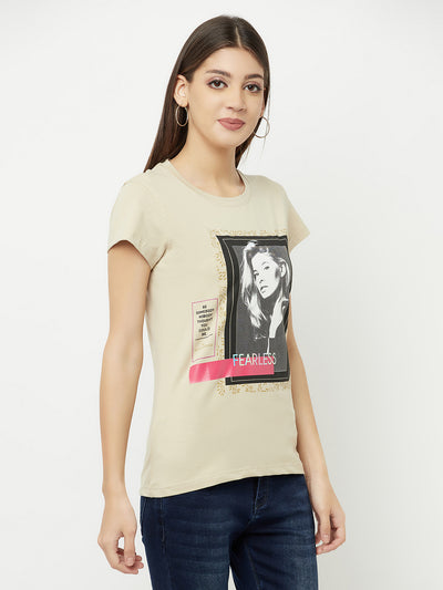 Beige Graphic Printed Round Neck T-Shirt - Women T-Shirts
