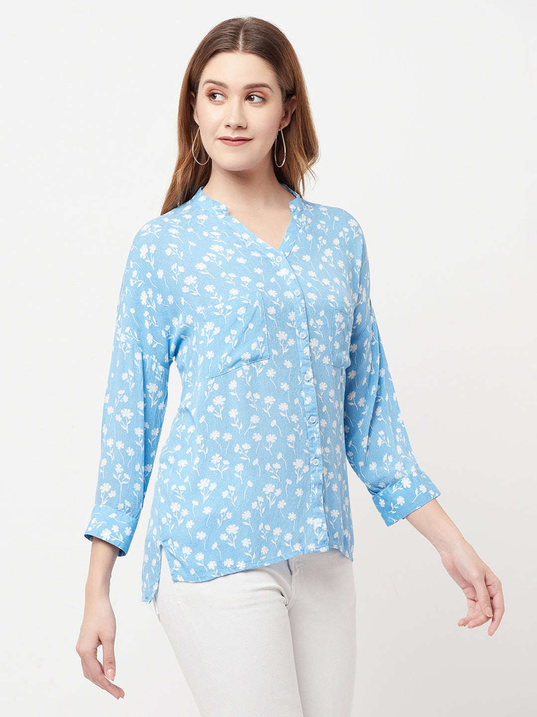 Blue Floral Printed V-Neck Shirt - Women Shirts