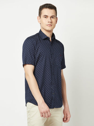  Short-Sleeved Navy Blue Geometric Shirt