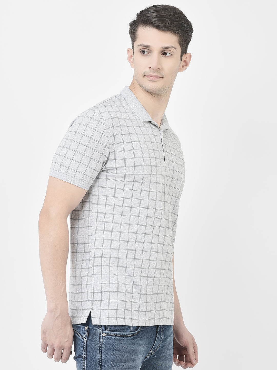  Grey Melange Checked Polo T-Shirt