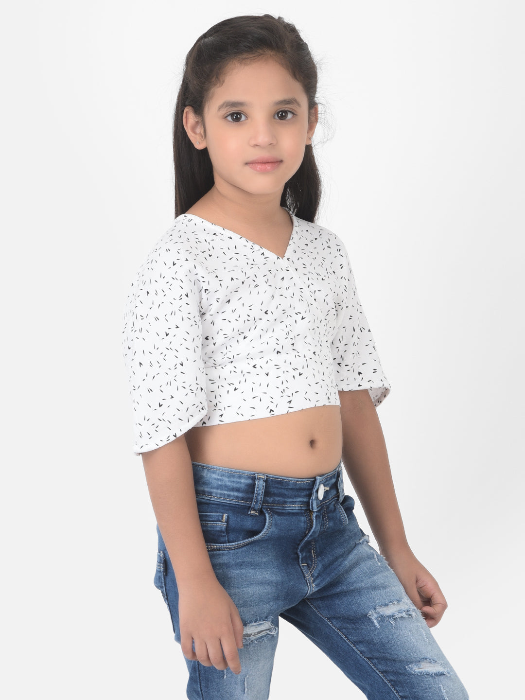 White Printed V-Neck Crop Top - Girls Tops