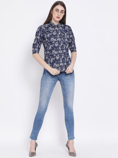 Blue Printed Spread Collar Slim Fit Shirt - Women Shirts